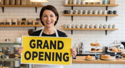 A smiling woman holding a sign that says 'Grand Opening'