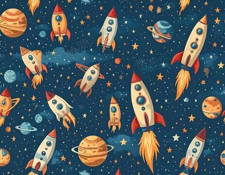 Cute space rockets and planets pattern
