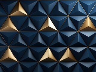 Sophisticated navy blue and gold geometric pattern with 3D pyramids creates a luxurious modern texture perfect for upscale branding and interior design.