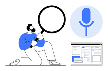 Person kneeling with magnifying glass, microphone icon, and interface design. Ideal for search, technology, AI, innovation, voice recognition problem-solving research visualization. Simple flat