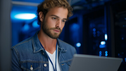 An experienced IT specialist in a dimly lit server room troubleshooting hardware issues with a laptop on hand cables and glowing server racks creating a futuristic atmosphere