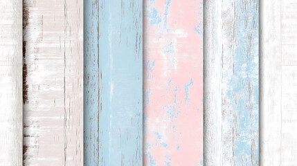 Obraz premium Colorful Distressed Wooden Planks Background - White Pink Blue Pastel Rustic Flooring and Paneling for Interior Design and Crafting Projects