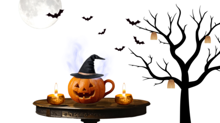 Halloween video animation on a spooky reddish-brown background featuring bare trees, a glowing moon, flying bats, and a pumpkin wearing a witch's hat with magical smoke, placed on a wooden table.