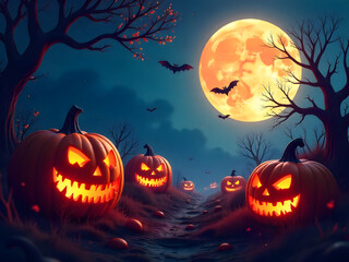 Spooky Halloween Night with Glowing Jack-o&rsquo;-Lanterns Under Full Moon