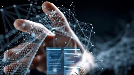 Digital Connectivity: A hand reaches out toward a complex web of interconnected digital data, symbolizing the expansive reach of technological advancement and the power of modern digital interactions.