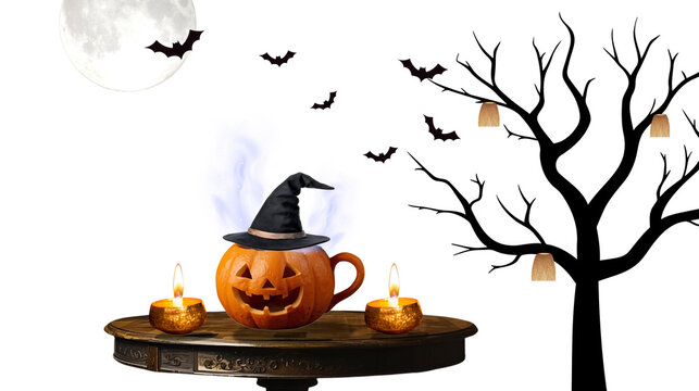 Halloween video animation on a spooky reddish-brown background featuring bare trees, a glowing moon, flying bats, and a pumpkin wearing a witch's hat with magical smoke, placed on a wooden table.