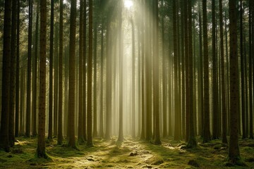 Obraz premium Sunbeams pierce a dense pine forest, bathed in soft, golden light