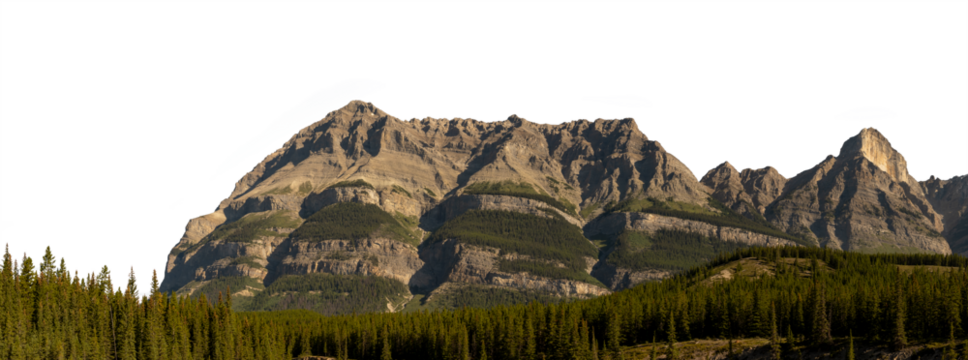 Panorama of large rocky mountain with forest in the foreground and a transparent sky
