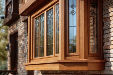 Fototapeta premium Brown wooden trim on a bay window with small panes of glass. Wood frame around the windowsill. Red bricks outside the house walls, an exterior view of the home. Eco-friendly solid oak window frames