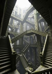 Labyrinth of ancient stone stairs in a misty, surreal interior