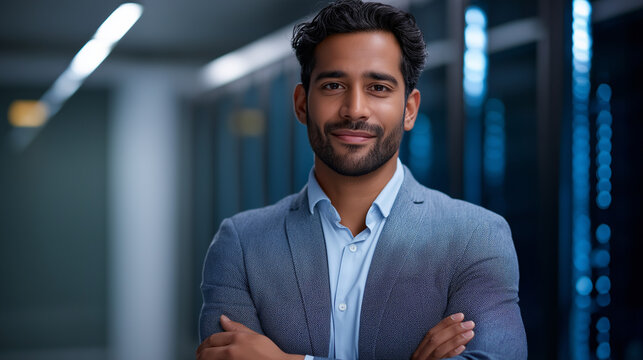 A confident technician standing with arms crossed in a server room glowing servers casting reflections on their suit composed and professional expression atmosphere of authority