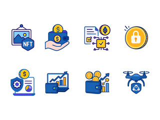 This image features a set of eight colorful cryptocurrency and finance-related icons, including NFTs, wallets, coins, blockchain contracts, security, charts, and a drone with a blockchain symbol.