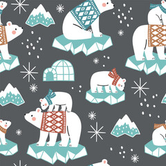 Seamless vector pattern with hand drawn polar bears on ice board. Cute polar bears in warm clothes. Perfect for textile, wallpaper or nursery print design.