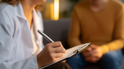 A therapist writing notes during a counseling session patient seated across with attentive posture warm indoor lighting enhancing trust scene symbolizing guidance health assess