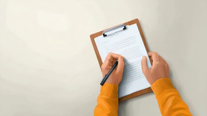 Hands wearing bright orange sweatshirt writing carefully on lined clipboard paper, capturing professional note taking process against clean white background - Powered by Adobe