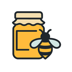 A cheerful cartoon bee rests next to a jar of honey, symbolizing the natural sweetness and goodness of honey production, perfect for labels, websites, and educational materials about bees and beekeepi
