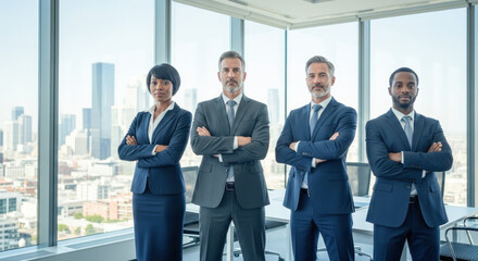 Four business professionals standing in a modern office with a city skyline in the background.