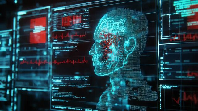 Futuristic head scan displaying brain activity and vital signs on digital screens