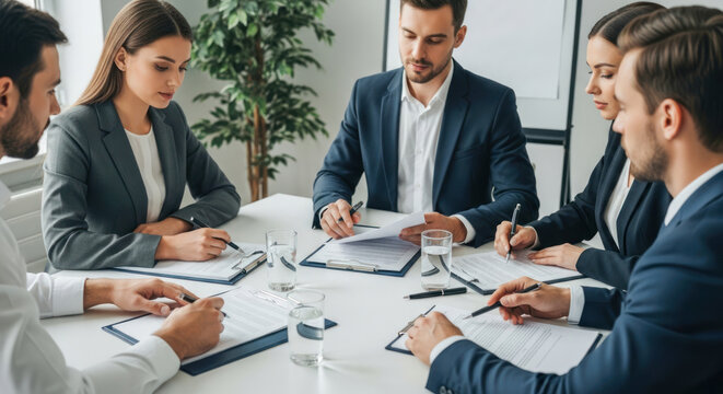 Business meeting in a modern office setting.