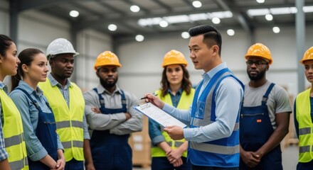 A group of workers in a warehouse, wearing safety gear, discussing a project.