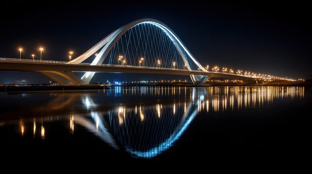 Modern bridge at night reflected in water