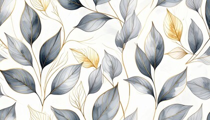 Elegant Watercolor Leaves with Gold Veins on White Background, Decorative Design.