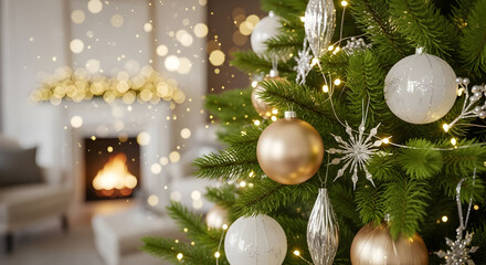 A close-up of a beautifully decorated Christmas tree adorned with gold and silver ornaments, twinkling lights, and a cozy fireplace in the background.