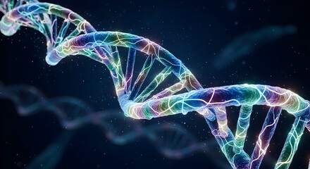 A close-up digital rendering of a DNA double helix, glowing with vibrant, iridescent colors against a dark background.  Intricate details and energy-like strands are visible.