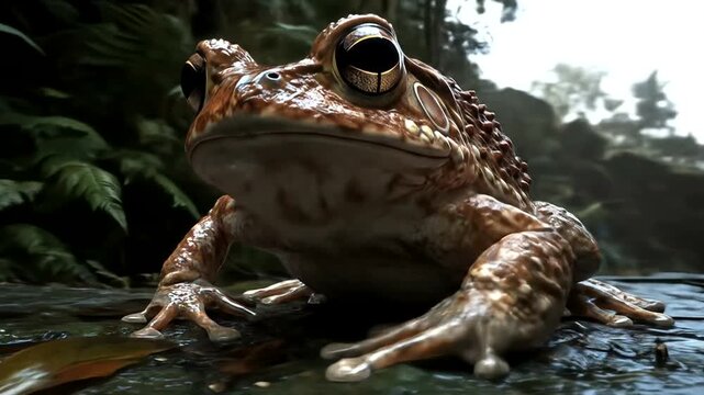 A large, detailed rendering of a frog, positioned within a lush, shadowy forest setting.