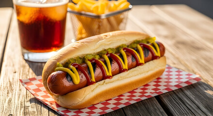 A delicious grilled hot dog, topped with ketchup, mustard, and relish, served on a bun with french fries and a refreshing soda.