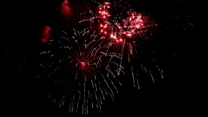 Colorful festive fireworks explode against the black sky. The sky lights up with fireworks.