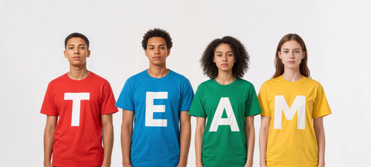Obraz premium Multiracial group of young men and women wearing colorful t-shirts forming the word TEAM