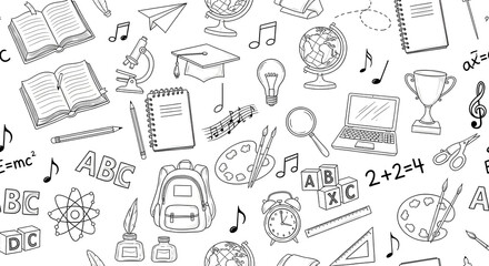 A charming, hand-drawn illustration brimming with back-to-school essentials: books, globes, musical notes, and more. Perfect for educational contexts.