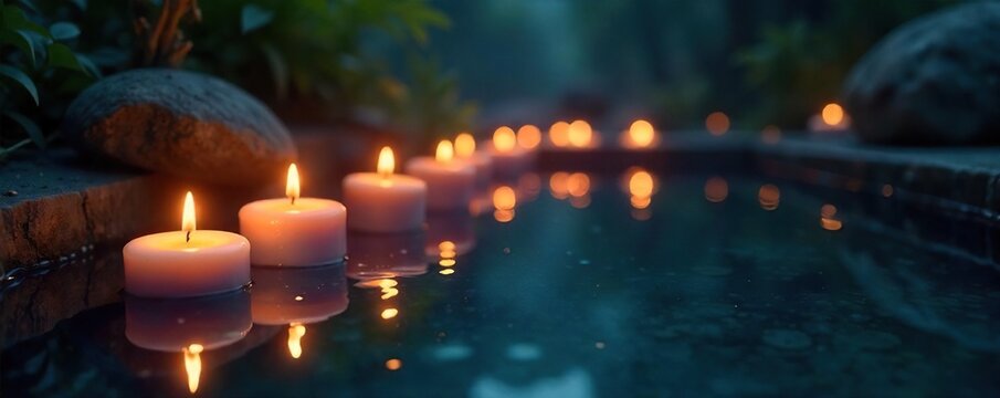 Mystical floating candles illuminate a dark pool of water, creating a serene and enchanting atmosphere Perfect for spa, meditation, and fantasy themes , occult, water, beauty