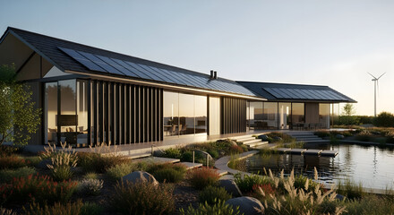 A sleek, modern home boasts solar panels and a serene pond landscape, showcasing sustainable design nestled in a tranquil setting.  A wind turbine is visible in the distance.