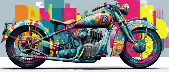 Fototapeta premium Psychedelic vintage motorcycle with vibrant colors and abstract patterns, showcasing unique custom paint job and retro design in studio shot