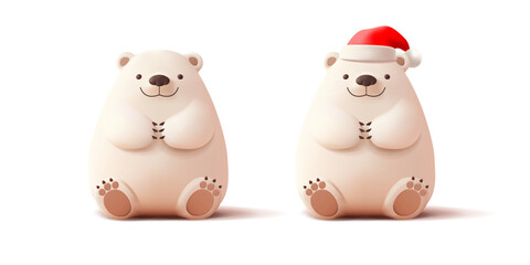 Set of cute colored polar bears in Christmas hats, 3D. For Christmas and New Year celebration concepts. Smiling character. Vector illustration.