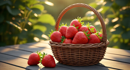 A wicker basket brimming with ripe, red strawberries sits on a wooden table, bathed in warm sunlight. A few more strawberries rest beside the basket, creating a vibrant summer scene.