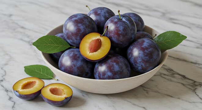 Ripe Blue Plums in Beige Bowl on Marble Surface Still Life
