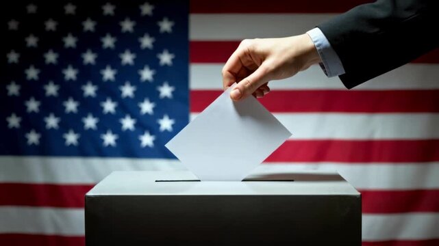 Person casting ballot into voting box with usa flag background. Election day voting process shown in detail: hand inserting ballot paper into ballot box.