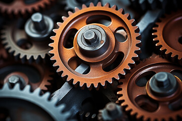 Close-up of rusted gears and industrial machinery.