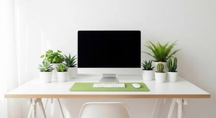 Modern workspace with computer mockup and green houseplants on white desk.