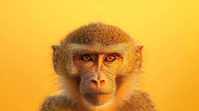 Close up portrait of a curious monkey against a vibrant yellow background