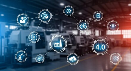 Industry 4.0 Concept with Connected Digital Icons Overlaying Modern Manufacturing Plant | Automation and Technology for Smart Factory Visualization and Industrial Marketing