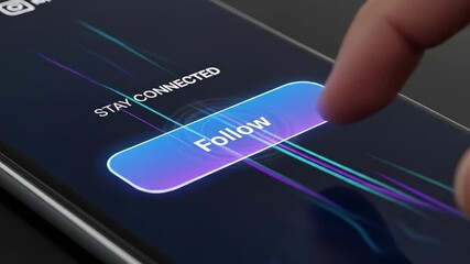 Finger tapping follow button on smartphone screen with pulsating digital waves - Powered by Adobe