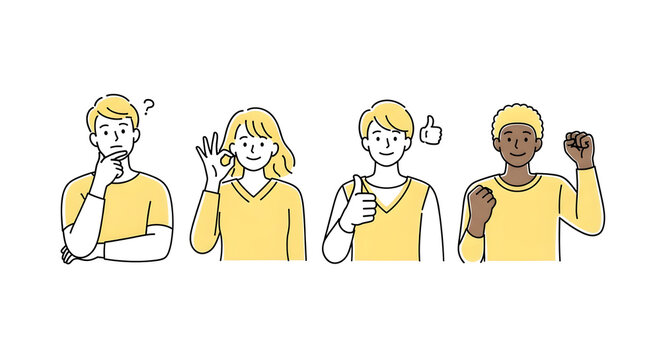 Diverse group expressing a range of emotions and gestures in a simple line art style