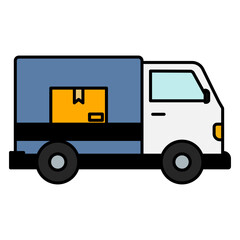 Flat vector illustration of a cargo truck carrying a package, representing delivery service, logistics, and transportation