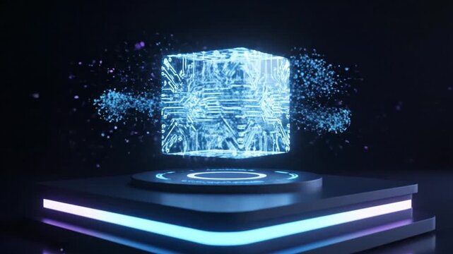 Futuristic concept of a quantum computing core, a glowing cube of circuits disintegrating into digital particles on a neon podium