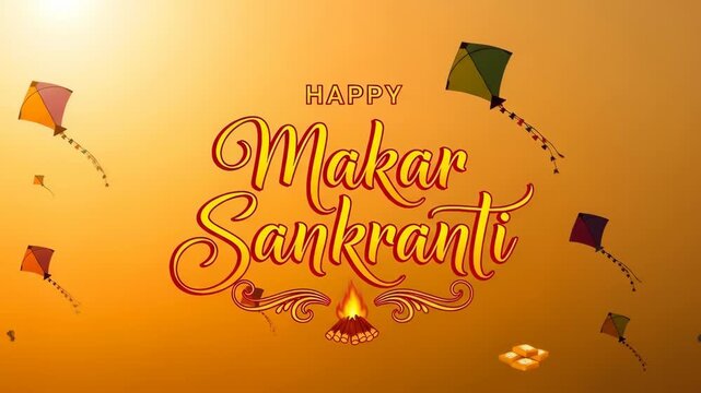 Vibrant Makar Sankranti celebration with floating kites in sunset sky