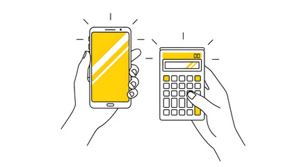 Illustrative depiction of hands interacting with smartphone and calculator devices